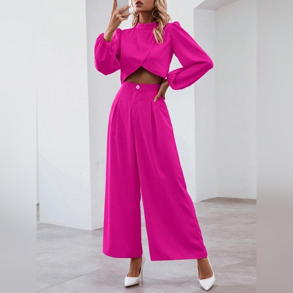 Solid Lantern Sleeve Crop Top & Wide Leg Pants